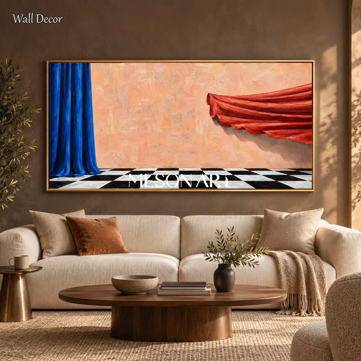 Quadro surrealista blu e rosso, decorazione murale panoramica per il soggiorno, opera originale dell'artista Mesonart
