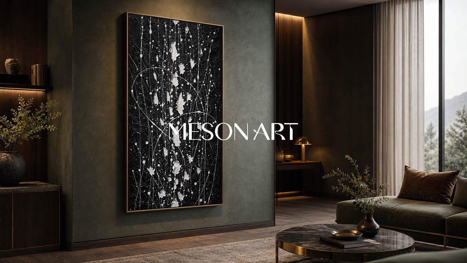Large Black And White Abstract Pollock Art For Modern Living Room Decor