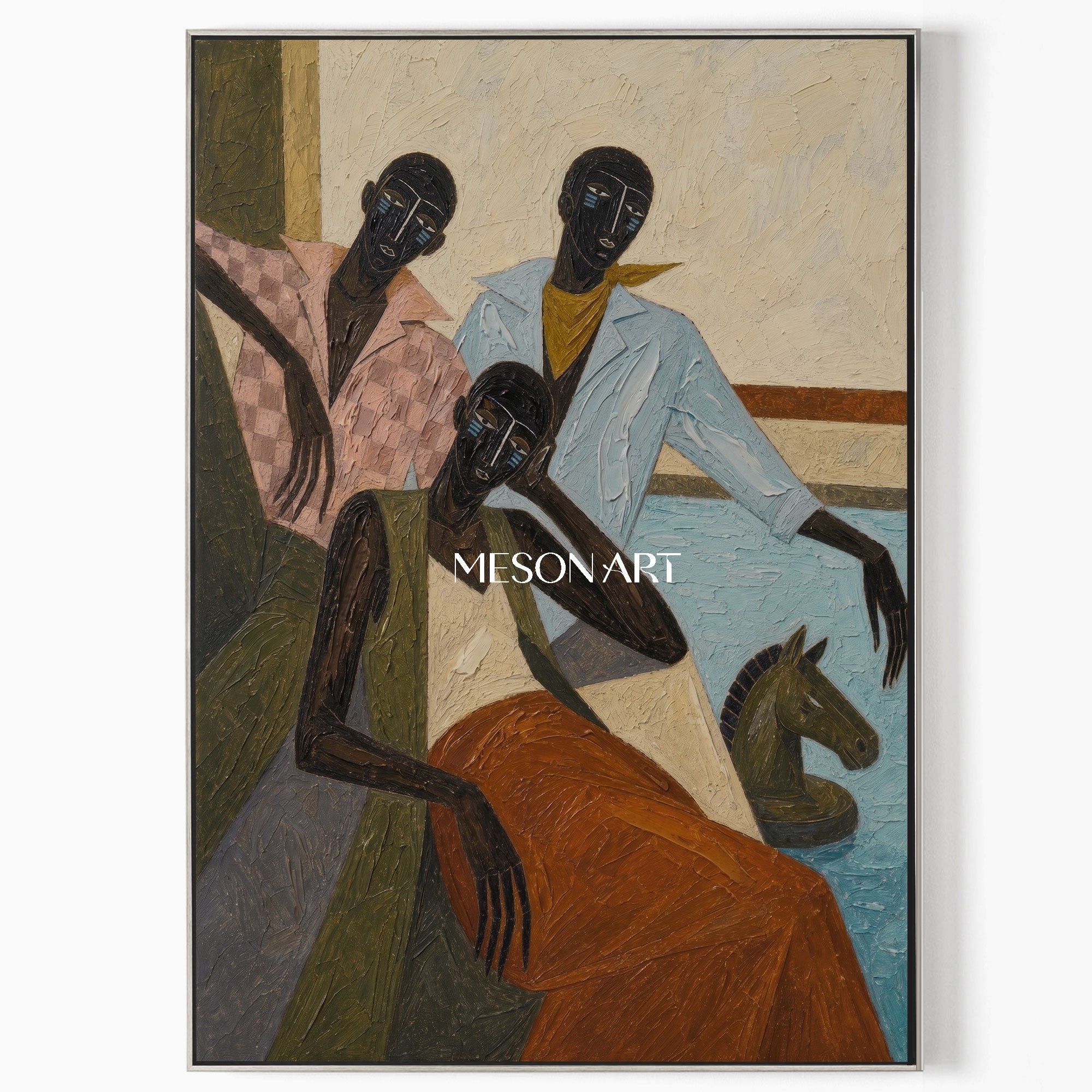 Expressive Abstract People Painting With Geometric Forms And Rich Texture For Modern Living Spaces
