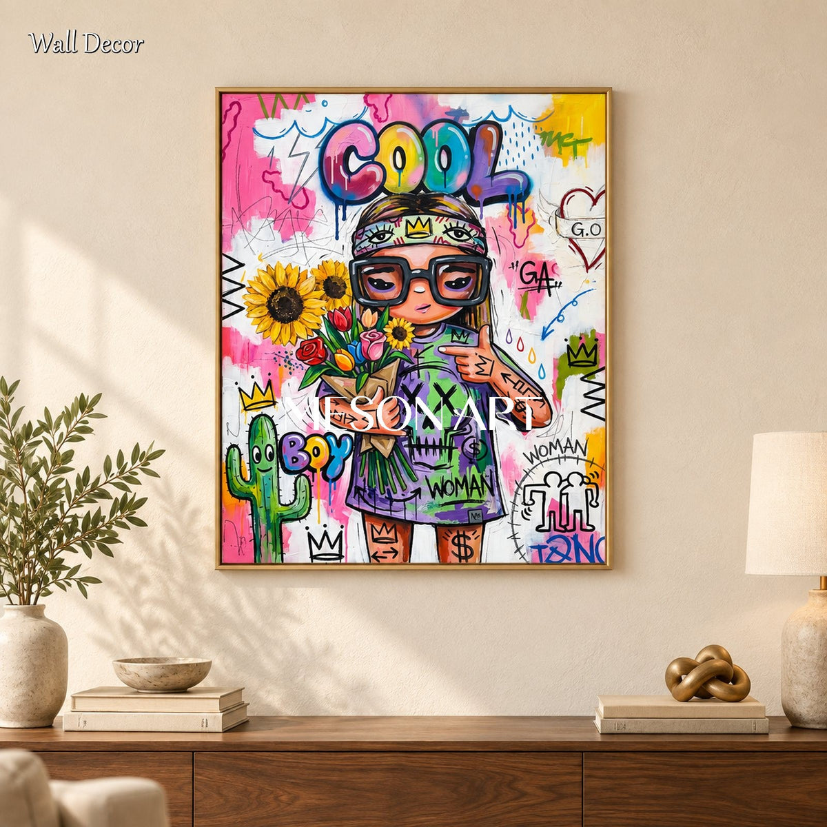 Pink And Yellow Graffiti Art Cool Girl Painting Rectangular Wall Decor For Living Room By Mesonart
