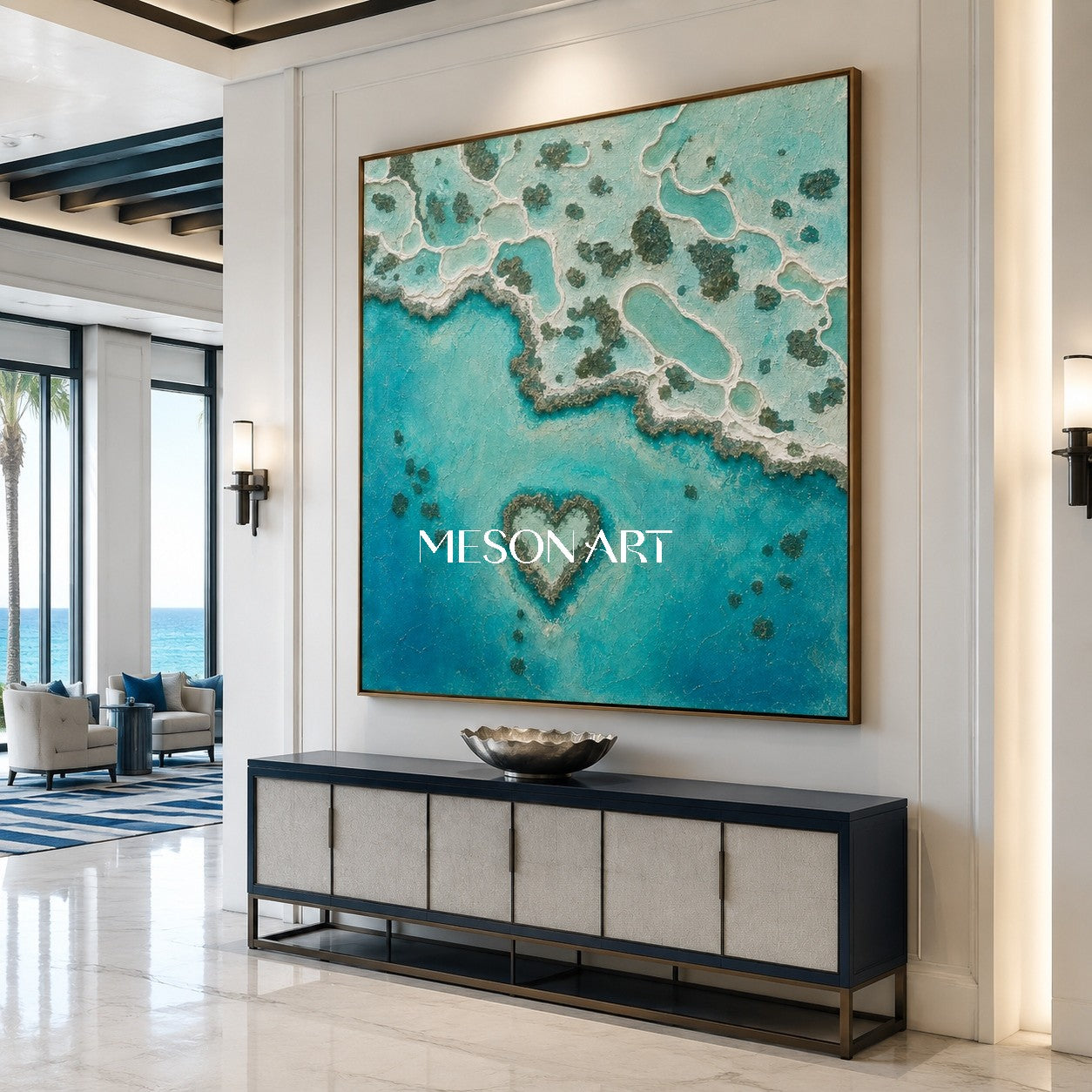 Turquoise Heart Lagoon Abstract Ocean Art For Romantic Bedroom Decor
