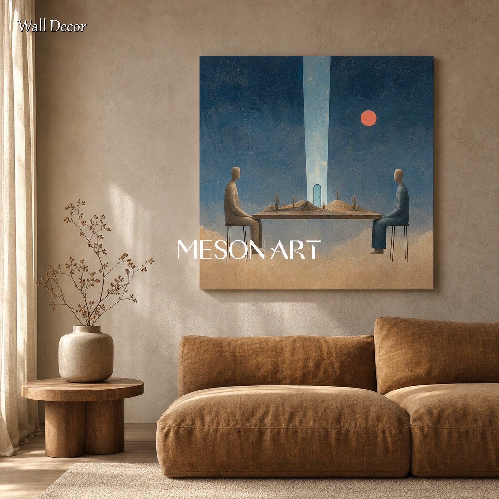 Surrealist Blue Beige Oil Painting For Modern Living Room And Executive Office Decor