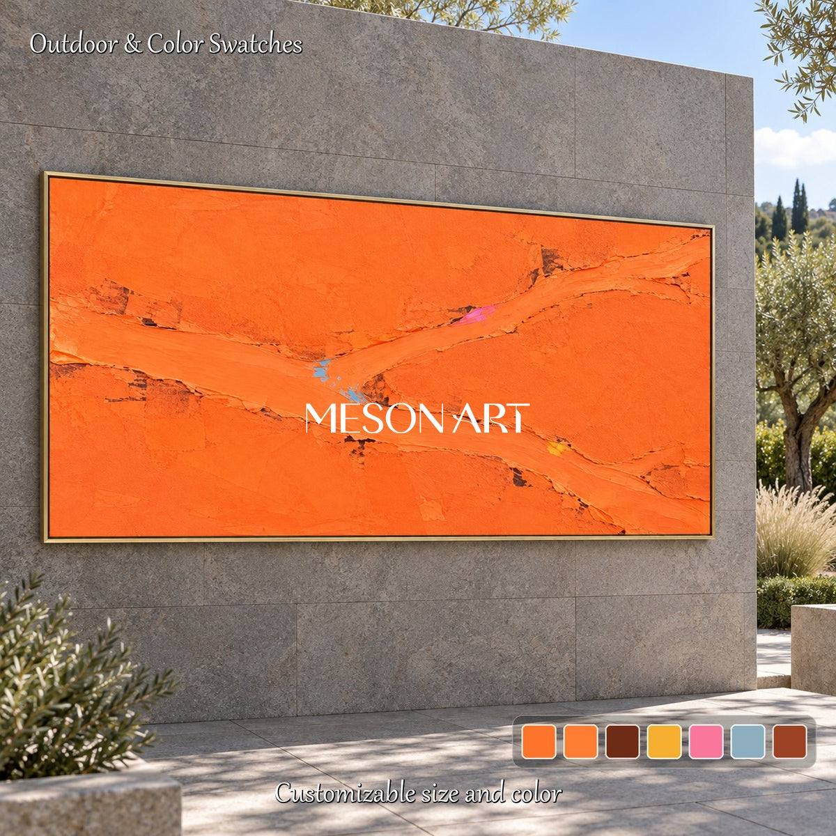 Orange Abstract Art Palette Knife Painting Panoramic Landscape Wall Art Minimalist Contemporary By Mesonart
