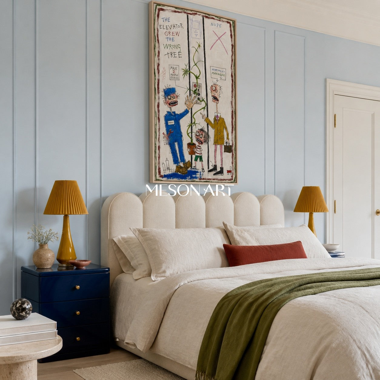 White And Blue Graffiti Surreal Figurative Cartoon Panoramic Wall Art For Living Room By Mesonart