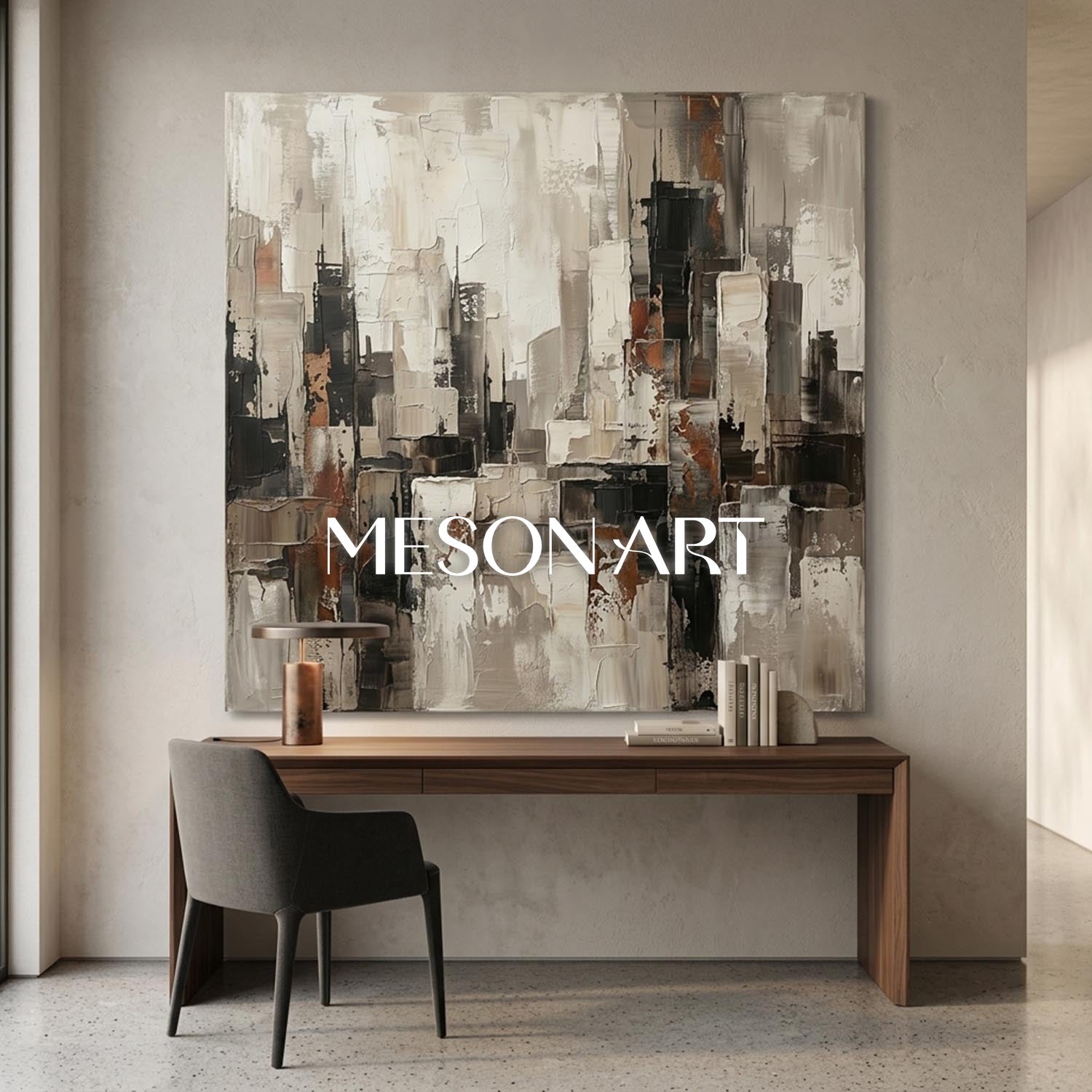 Abstract City Skyline Painting With Plaster Texture For Industrial Loft Decor