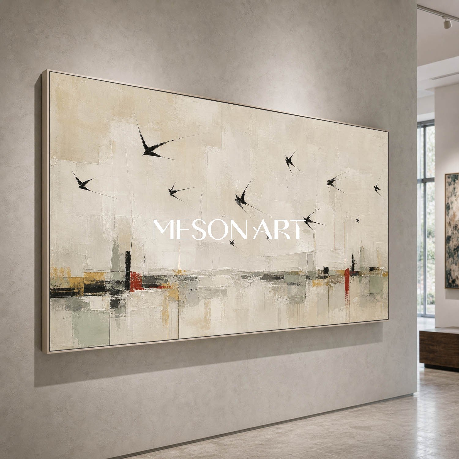 Minimalist Swallow Canvas Art Abstract Beige Painting For Modern Living Room Decor