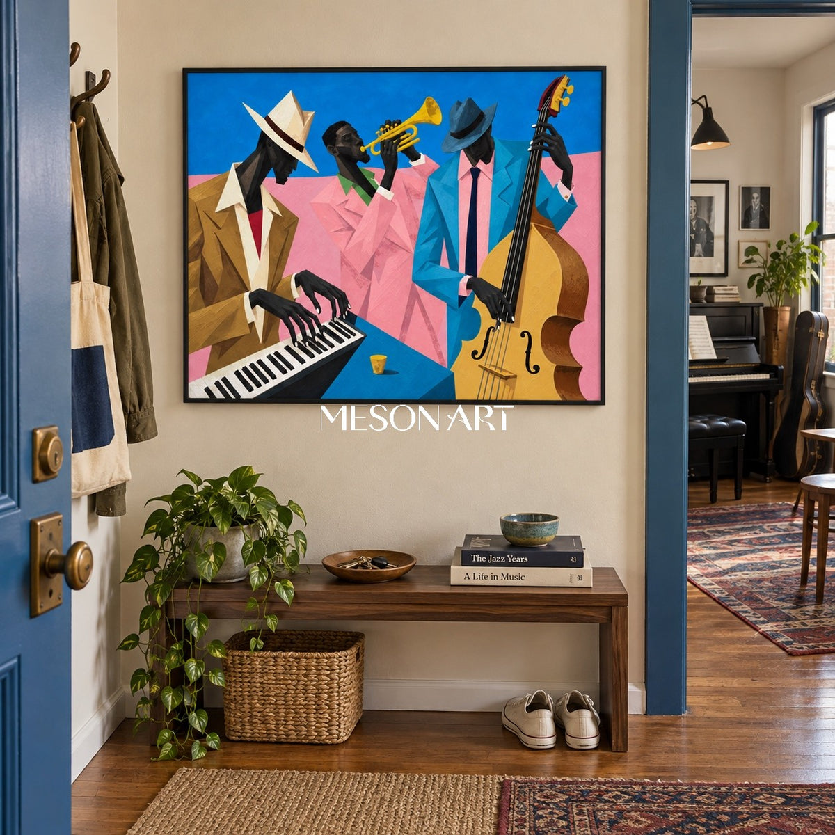 Blue And Pink Pop Art Jazz Painting Original Artist Hand Painted Musical Geometric Rectangular Wall Decor By Mesonart
