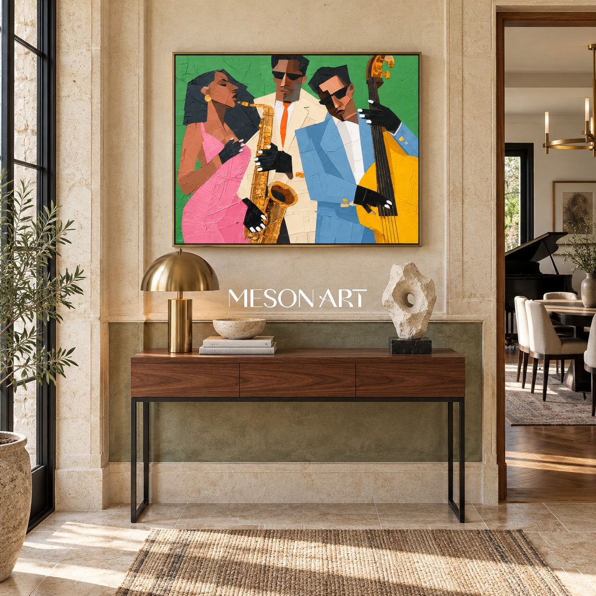 Green And Pink Pop Art Jazz Painting Modern Figurative Geometric Textured Musical Rectangular Wall Art By Mesonart