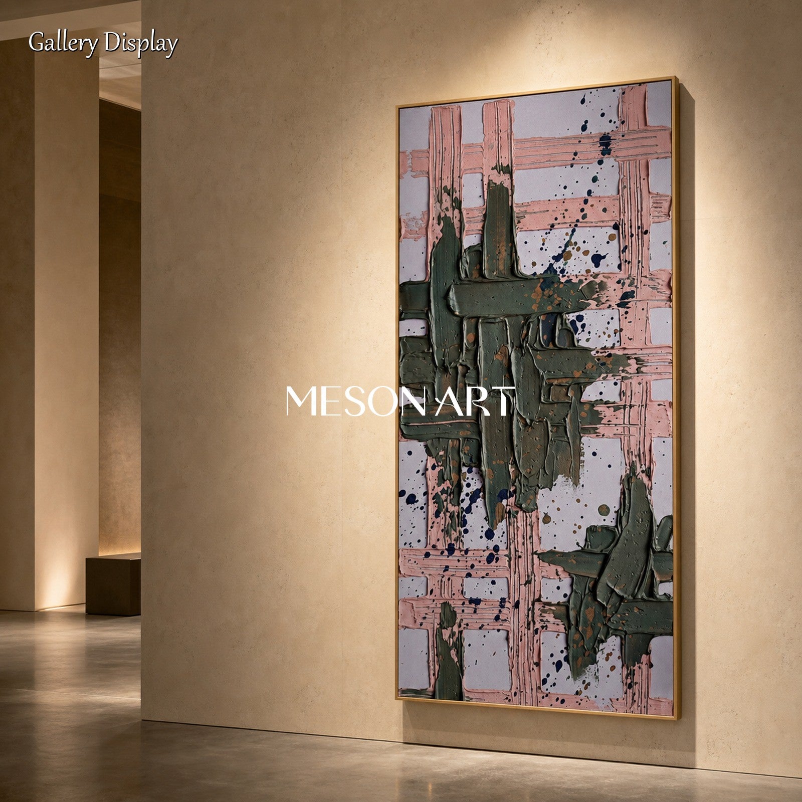 Minimalist Geometric Abstract Art With Textured Relief In Pink And Green For Modern Entryway