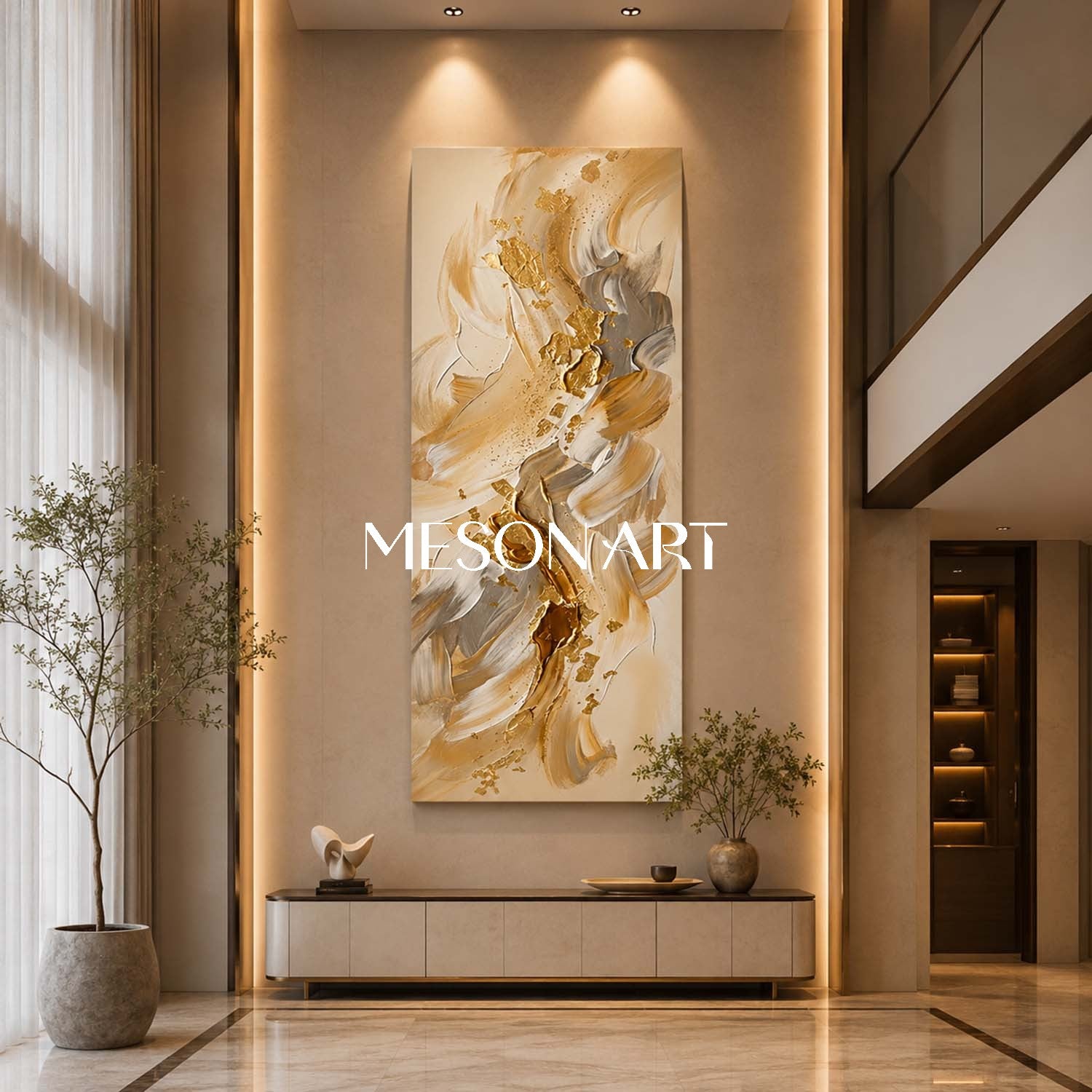 Gilded Fluid Harmony Abstract Painting With Gold Leaf For Modern Living Room Entryway Decor