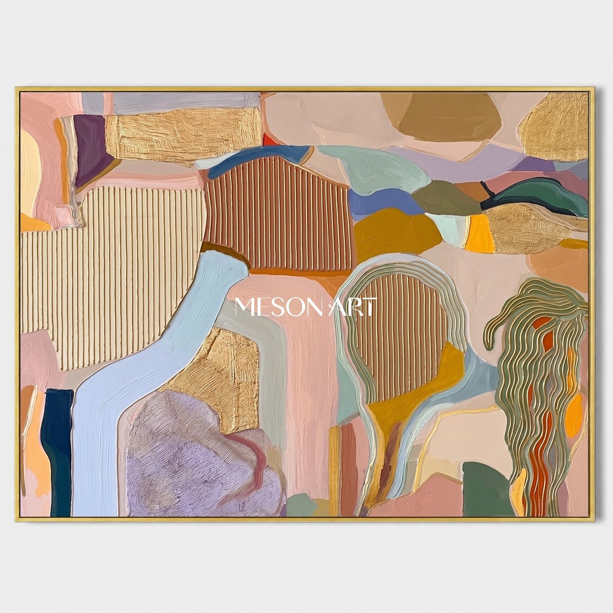 Beige And Gold Abstract Textured Organic Geometric Contemporary Rectangular Wall Art By Mesonart
