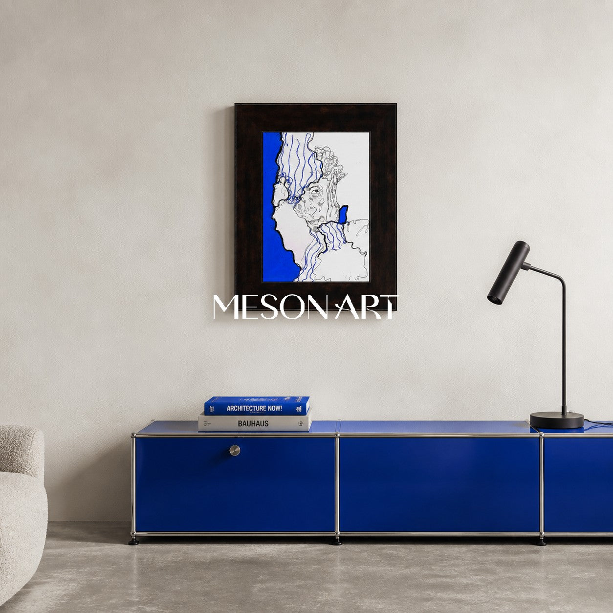 Modern Abstract Blue And Black Line Art Painting For Contemporary Home Decor