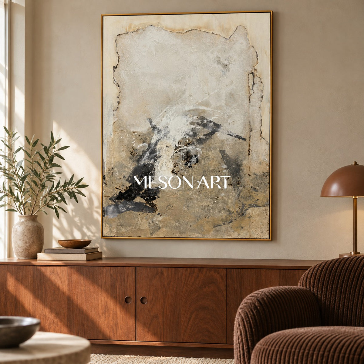 Black And Beige Abstract Art Original Artist Hand Painted Mixed Media Rectangular Wall Art For Living Room By Mesonart