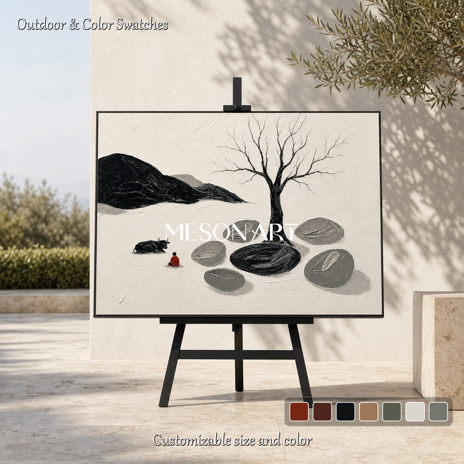 Minimalist Zen Art Painting With Tree And Figure For Modern Living Room Decor