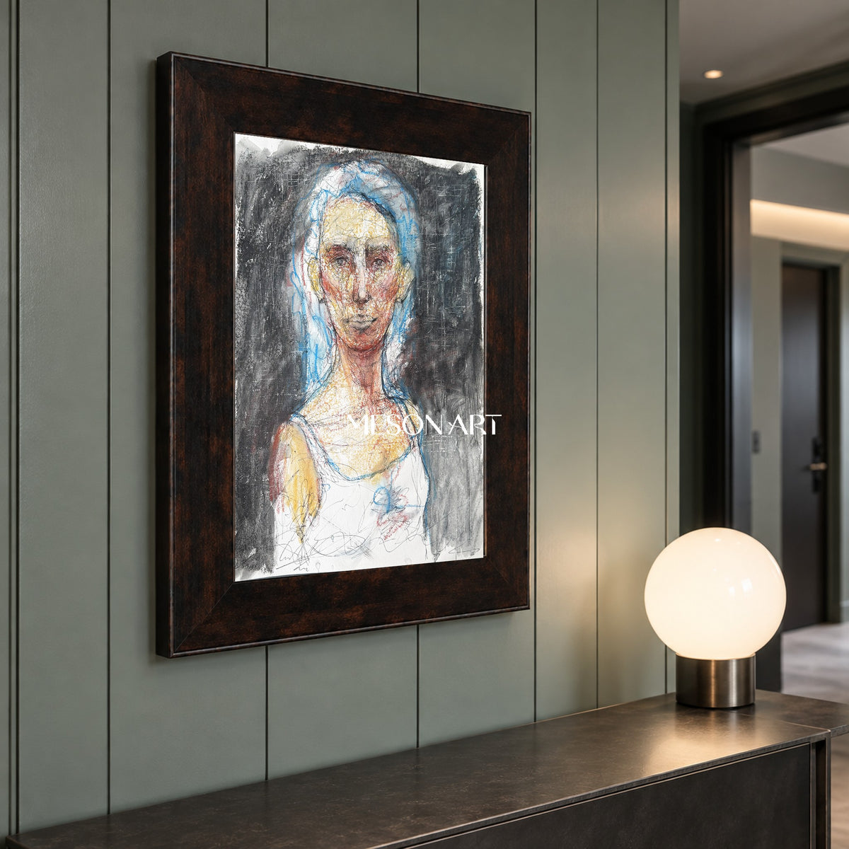 Black And White Figurative Expressionist Portrait Painting Rectangular Wall Art For Living Room By Mesonart