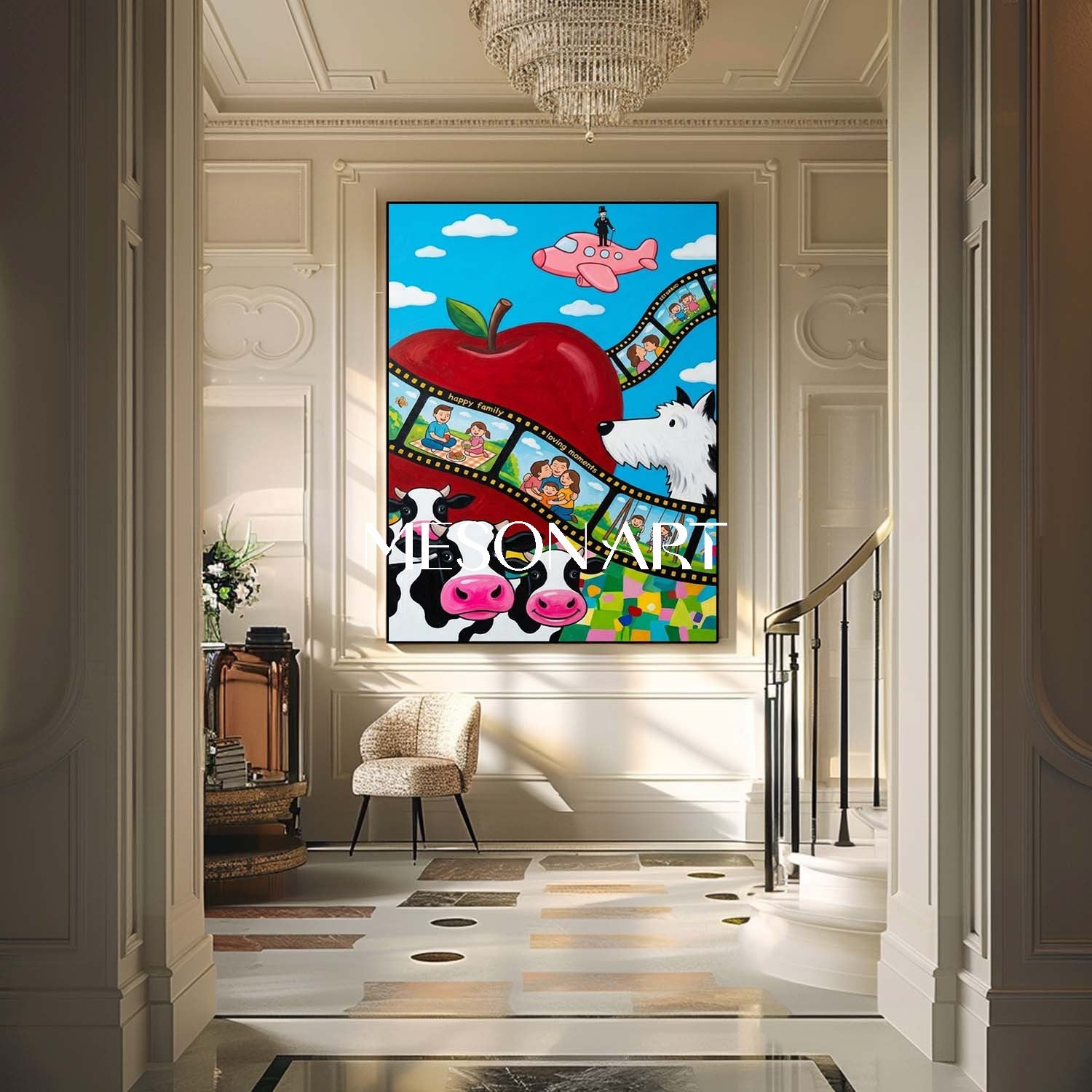 Surrealist Family Art With Cows And Apple For Kids Room Decor