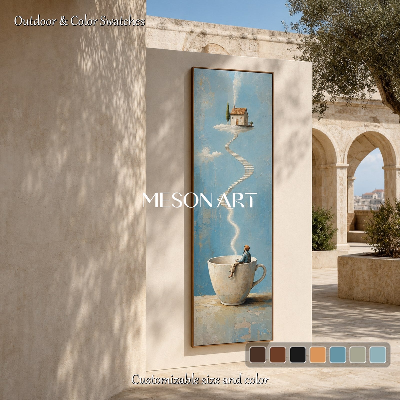 Surrealist Teacup Stairway Art For Modern Living Room Decor With Dreamy Blue Tones