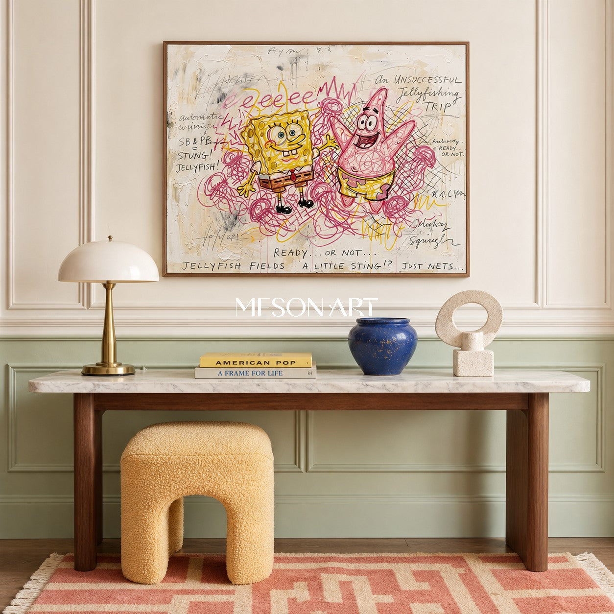 Yellow And Pink Pop Art Graffiti Painting Rectangular Wall Decor For Living Room By Mesonart