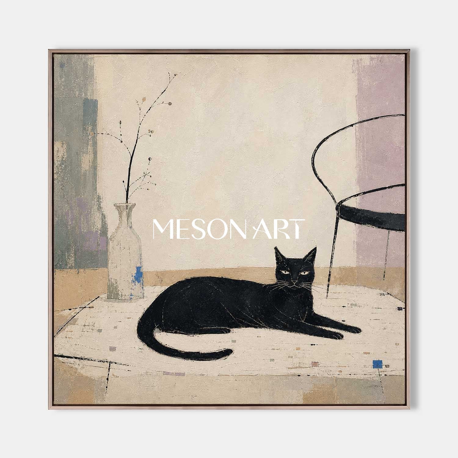 Minimalist Black Cat Painting With Still Life Elements For Modern Home Decor
