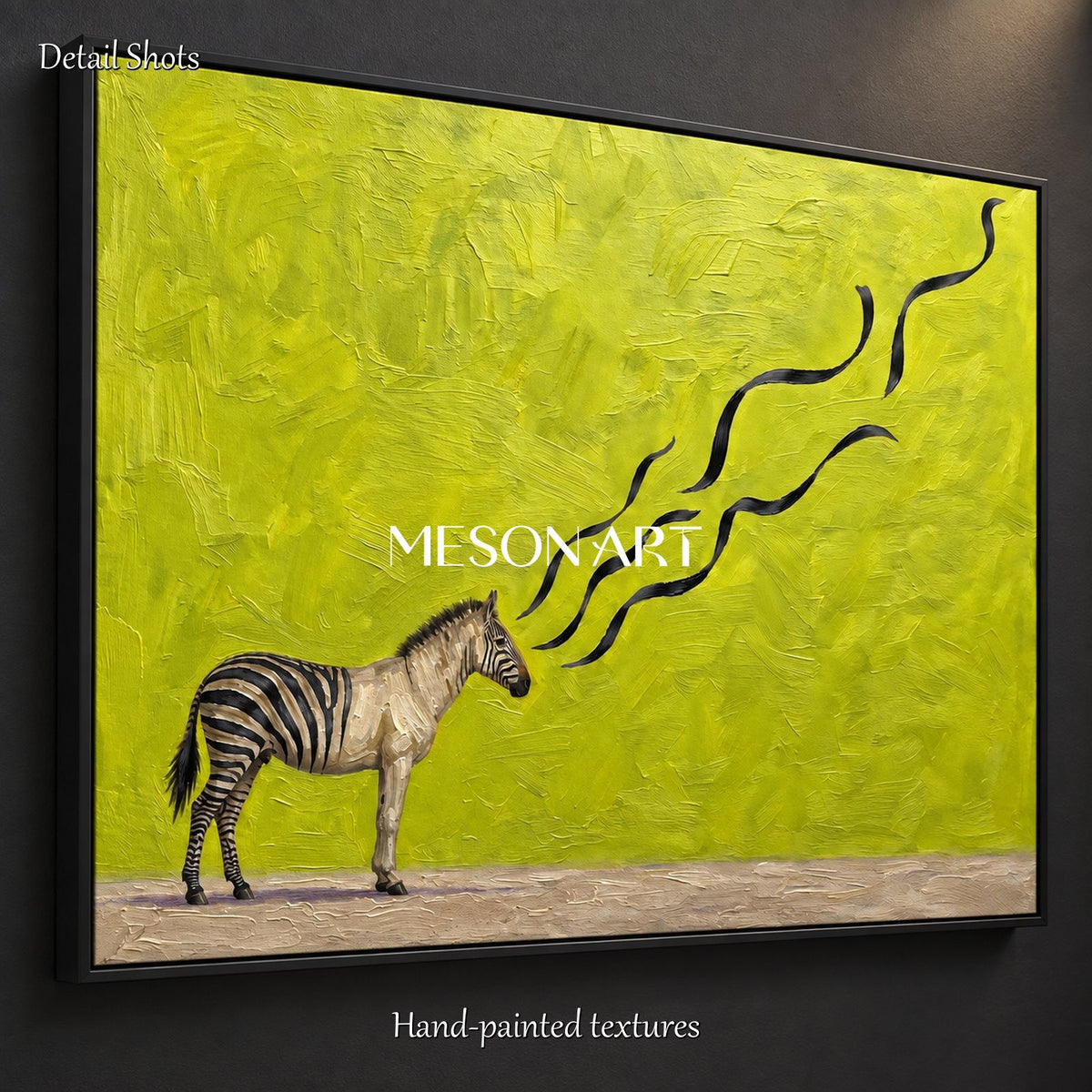 Quadro astratto in stile surrealista con motivi zebrati in verde e nero, opera d’arte da parete rettangolare per il soggiorno, di Mesonart