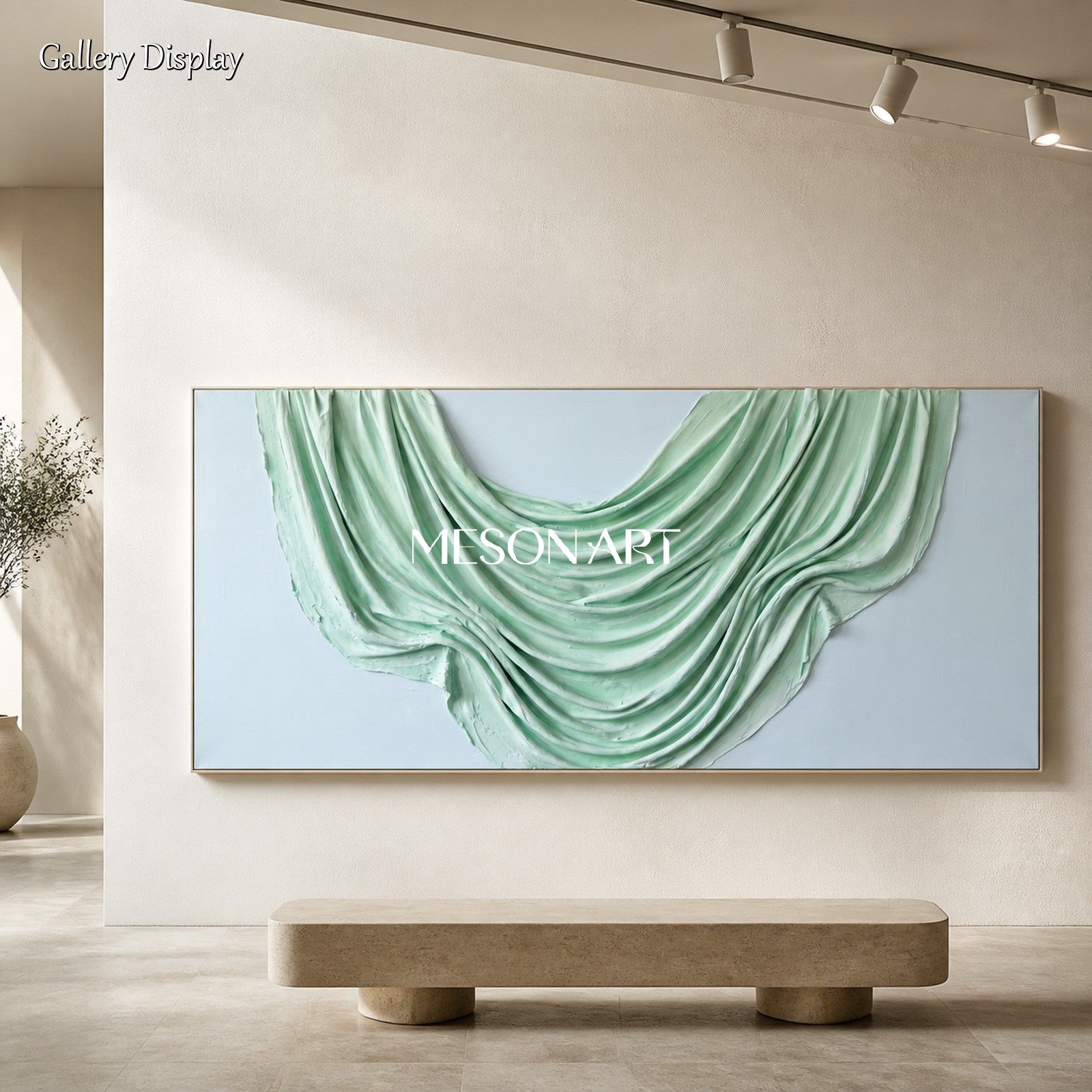 Green And White Minimalist Textured Art Panoramic Wall Decor By Mesonart