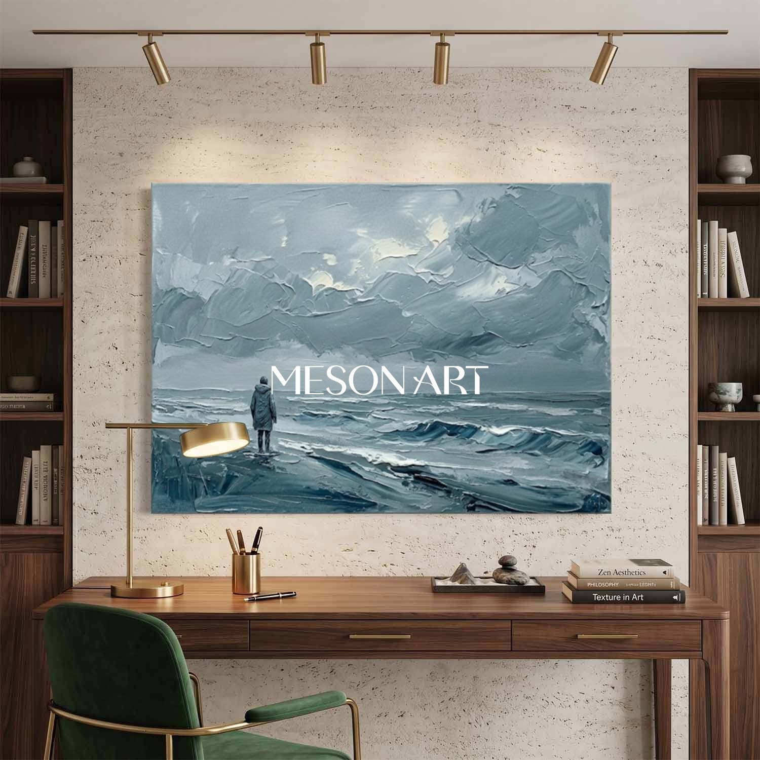 Minimalist Abstract Seascape Painting With Solitary Figure For Modern Living Room Decor
