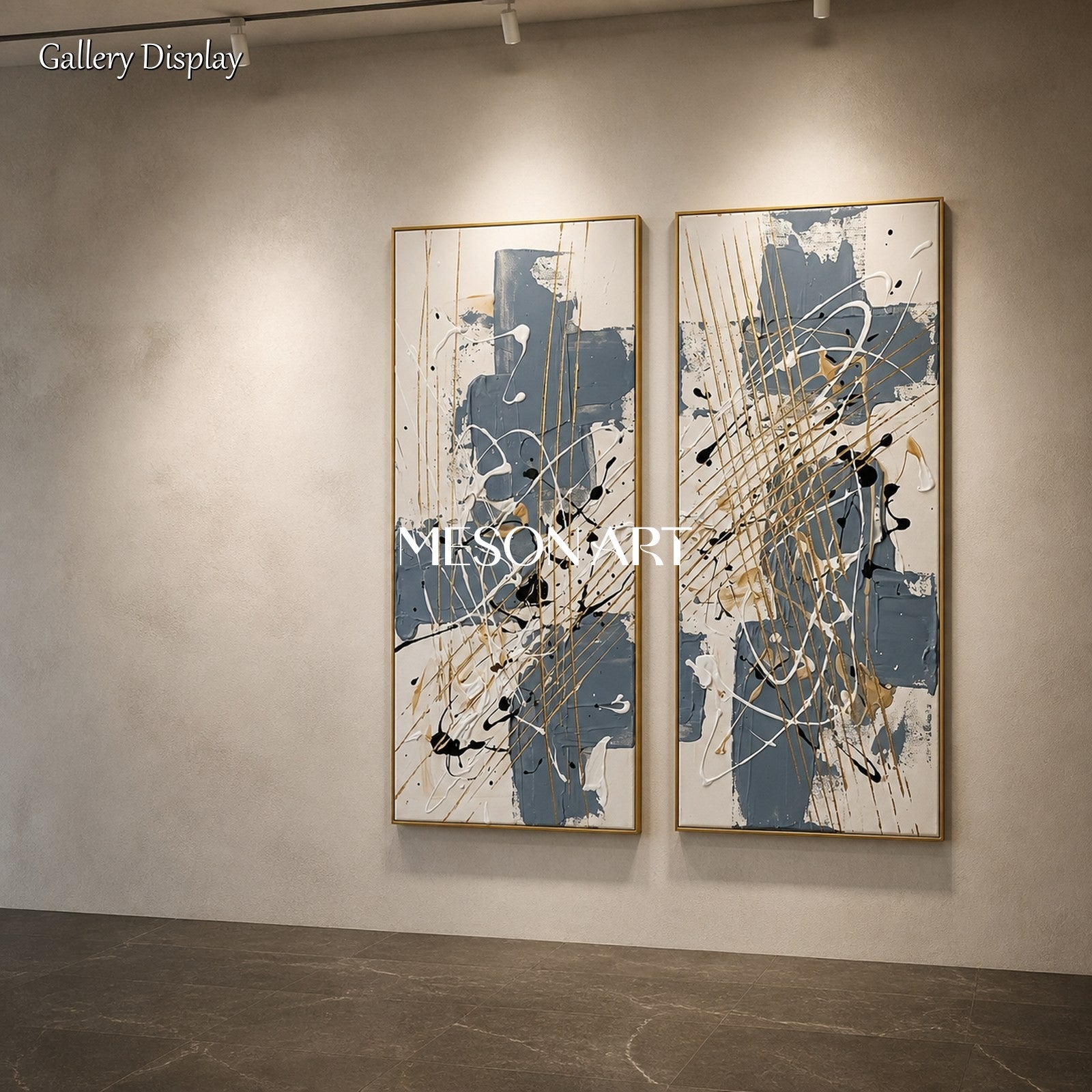 Blue And Gold Abstract Painting Jackson Pollock Inspired Art Style Rectangular Wall Decor For Living Room By Mesonart