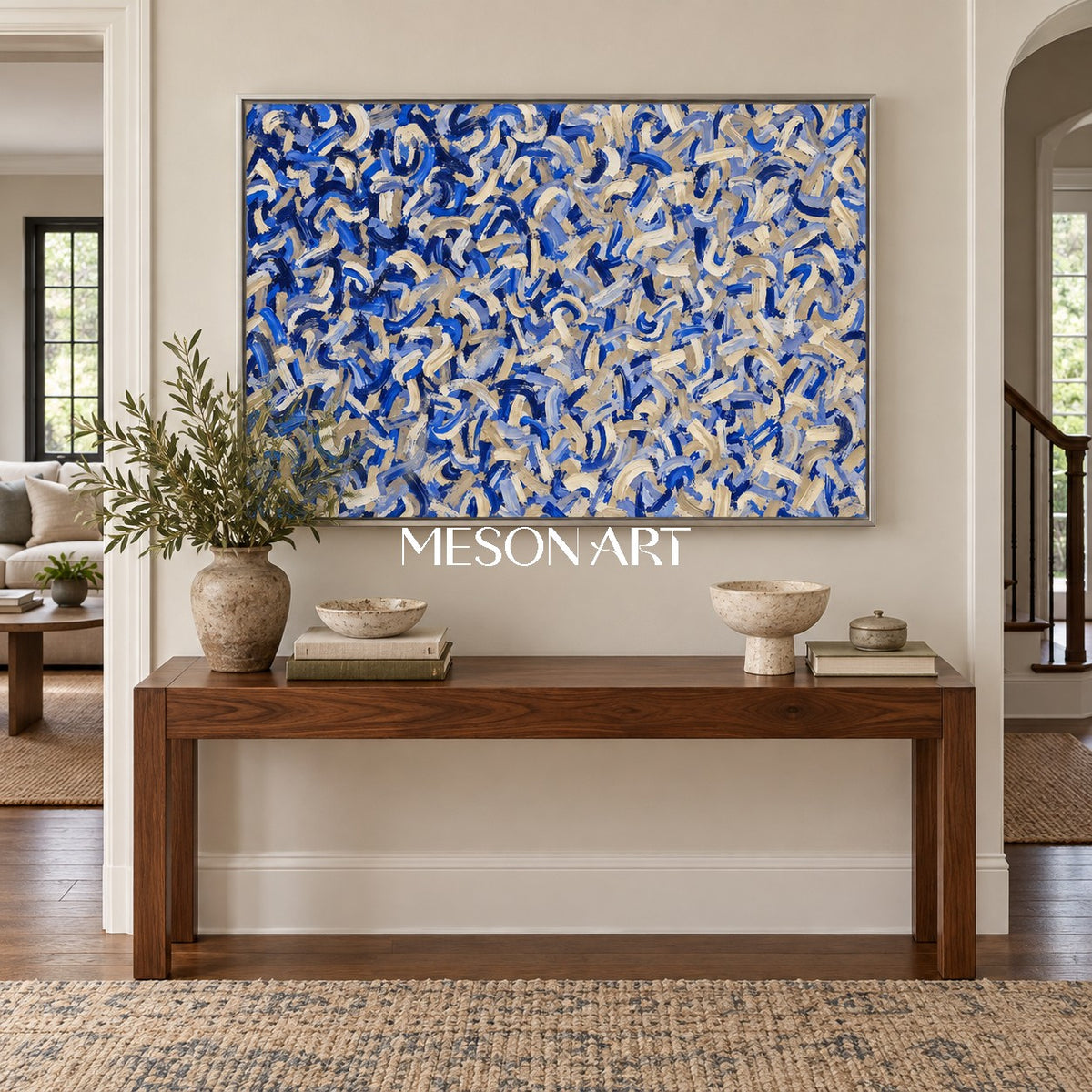 Blue And Beige Abstract Impasto Palette Knife Rectangular Wall Art Original Artist By Mesonart