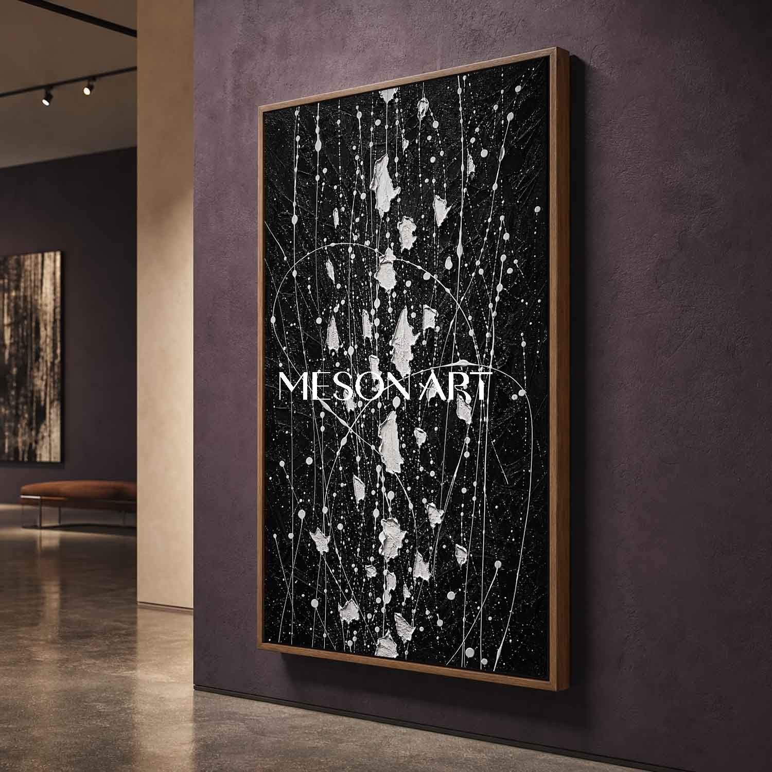 Large Black And White Abstract Pollock Art For Modern Living Room Decor