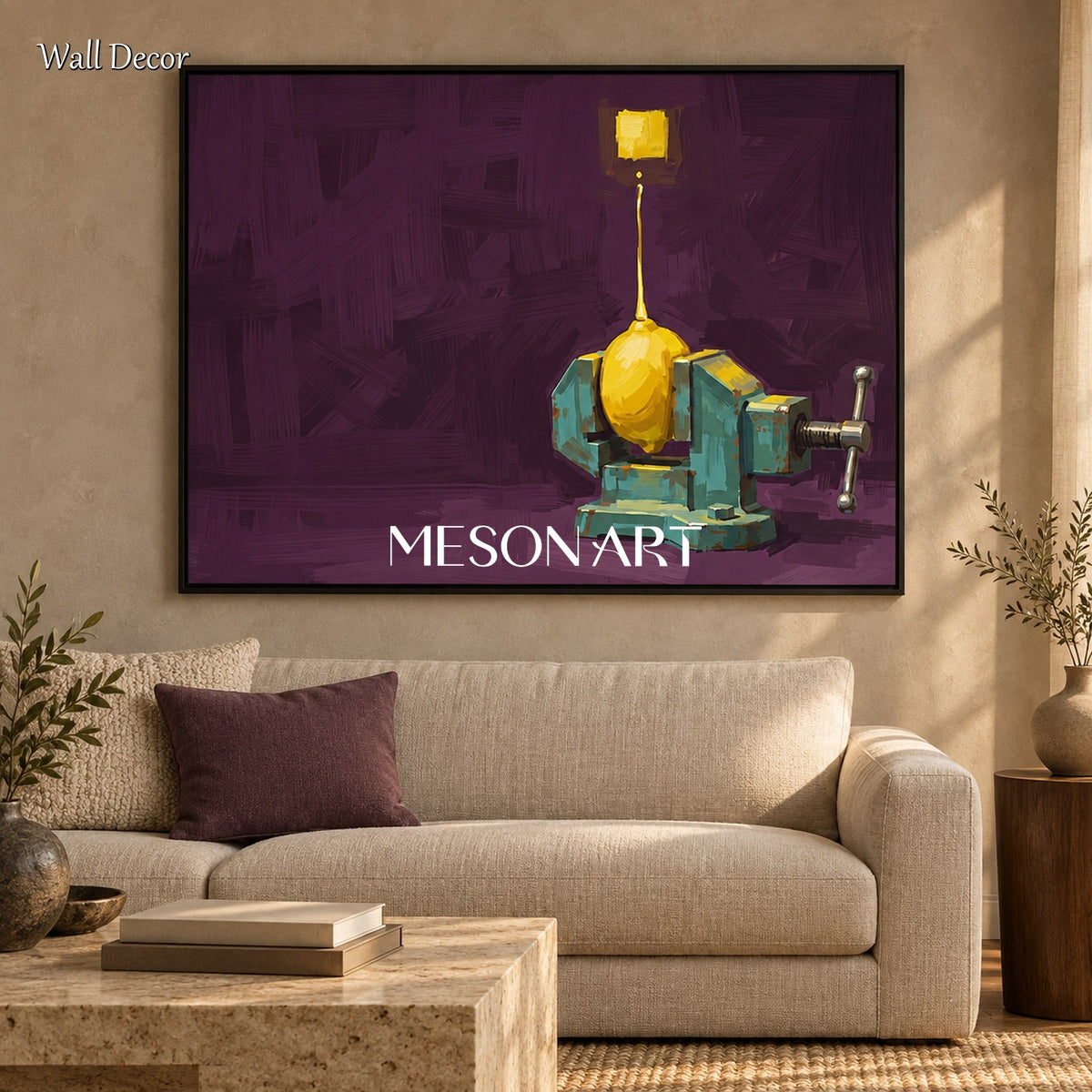 Dipinto a olio surrealista raffigurante una natura morta nei toni del viola e del giallo, quadro rettangolare da appendere in soggiorno, realizzato da Mesonart