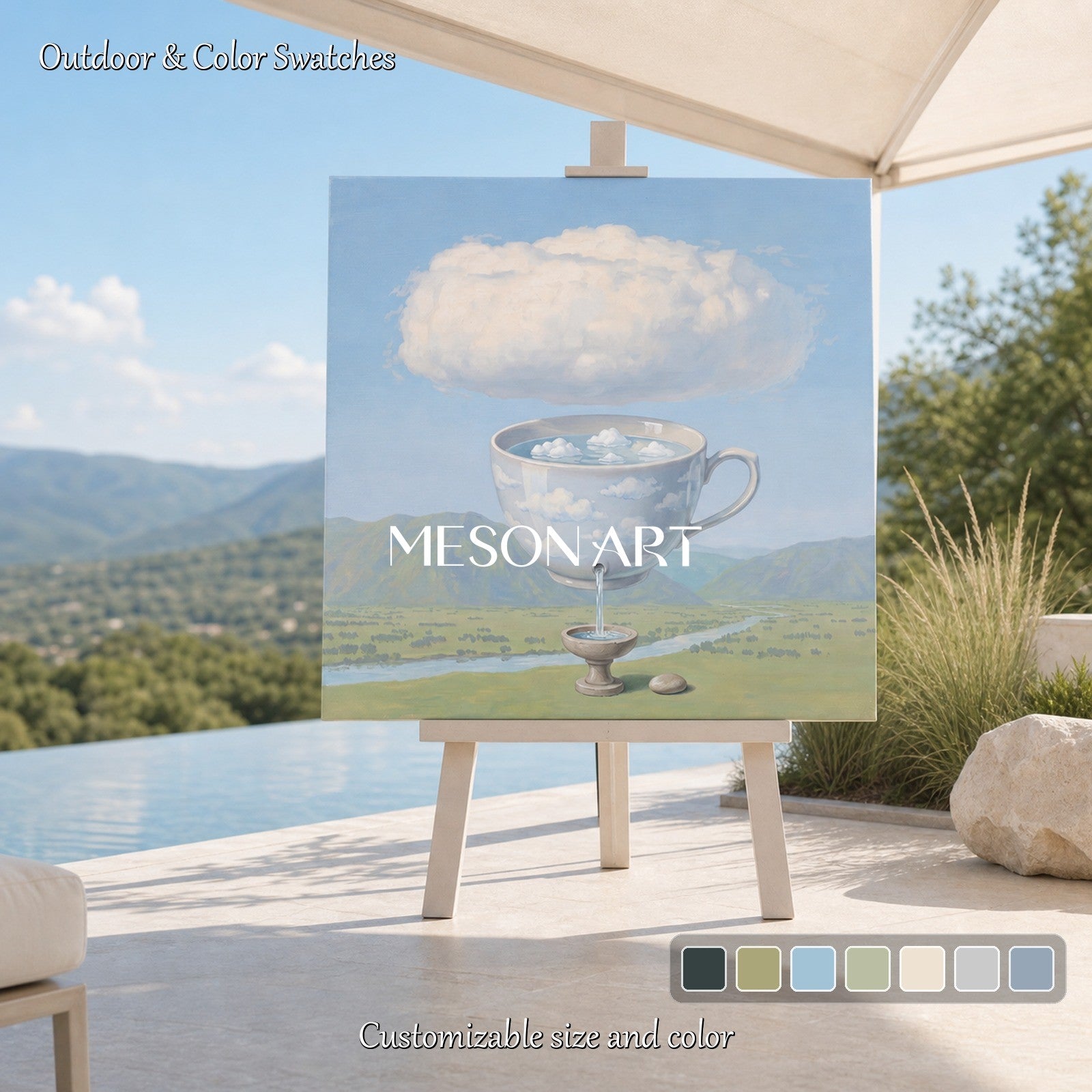 Surrealist Landscape Painting With Giant Cup Pouring Clouds For Modern Home Decor