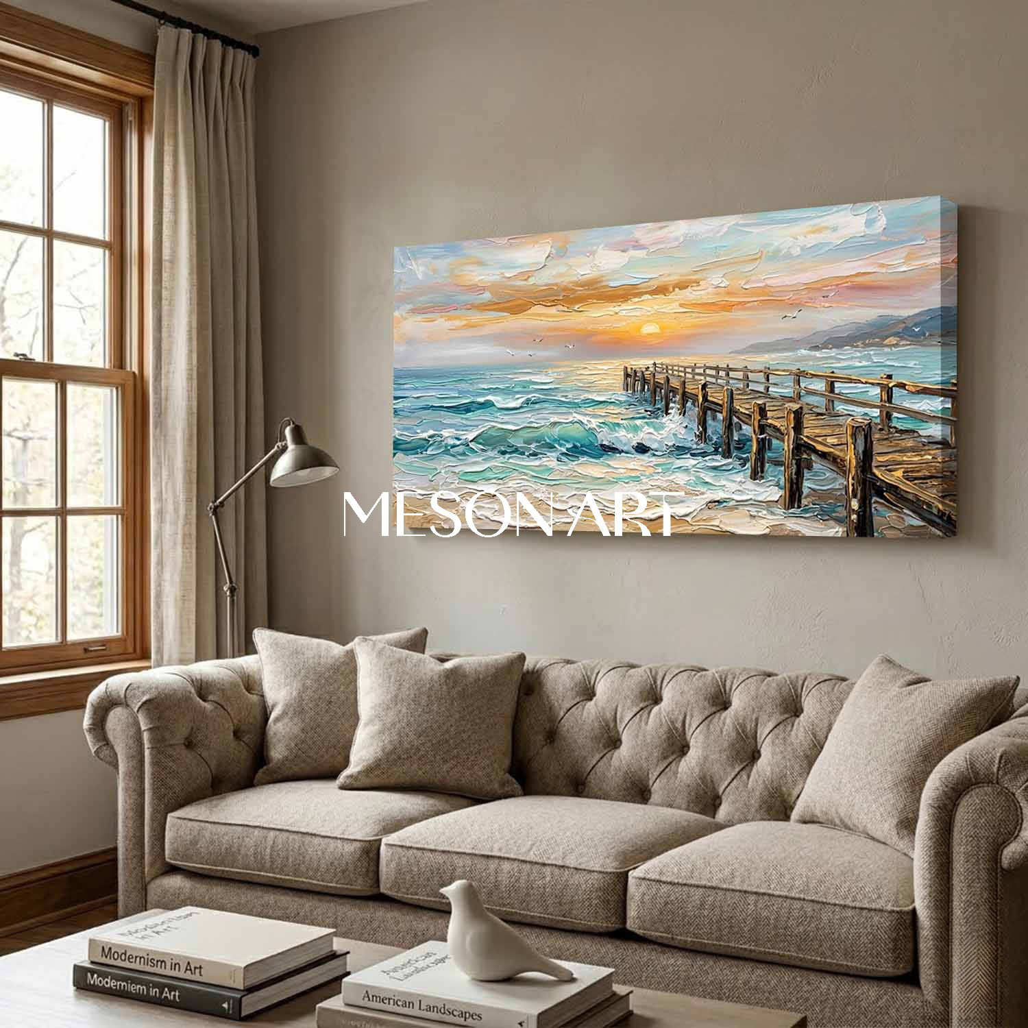 Luxury Golden Sunset Seascape Oil Painting With Textured Pier For Modern Living Room Wall Art