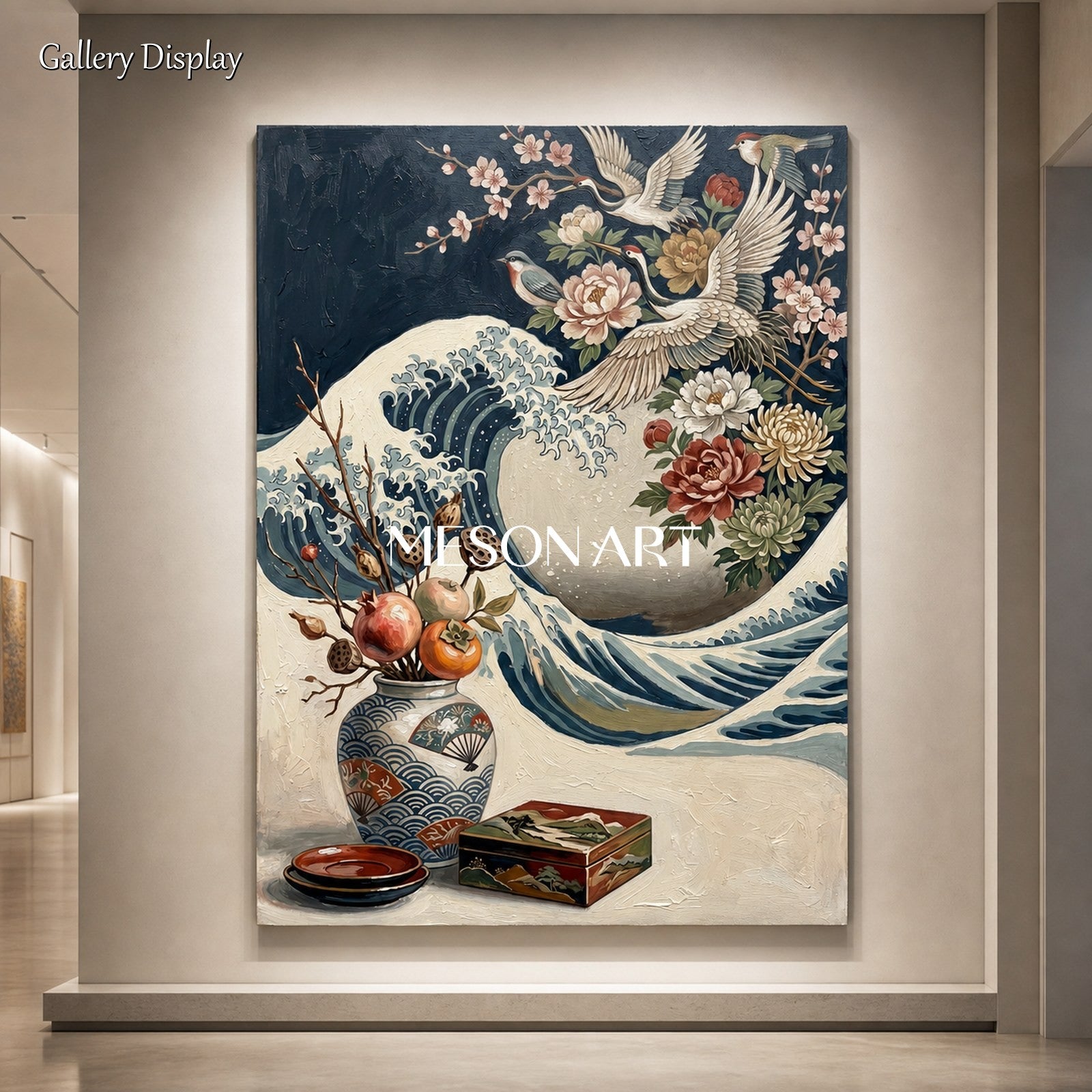 Japanese Ukiyo-e And Art Deco Floral Crane Painting For Modern Home Decor