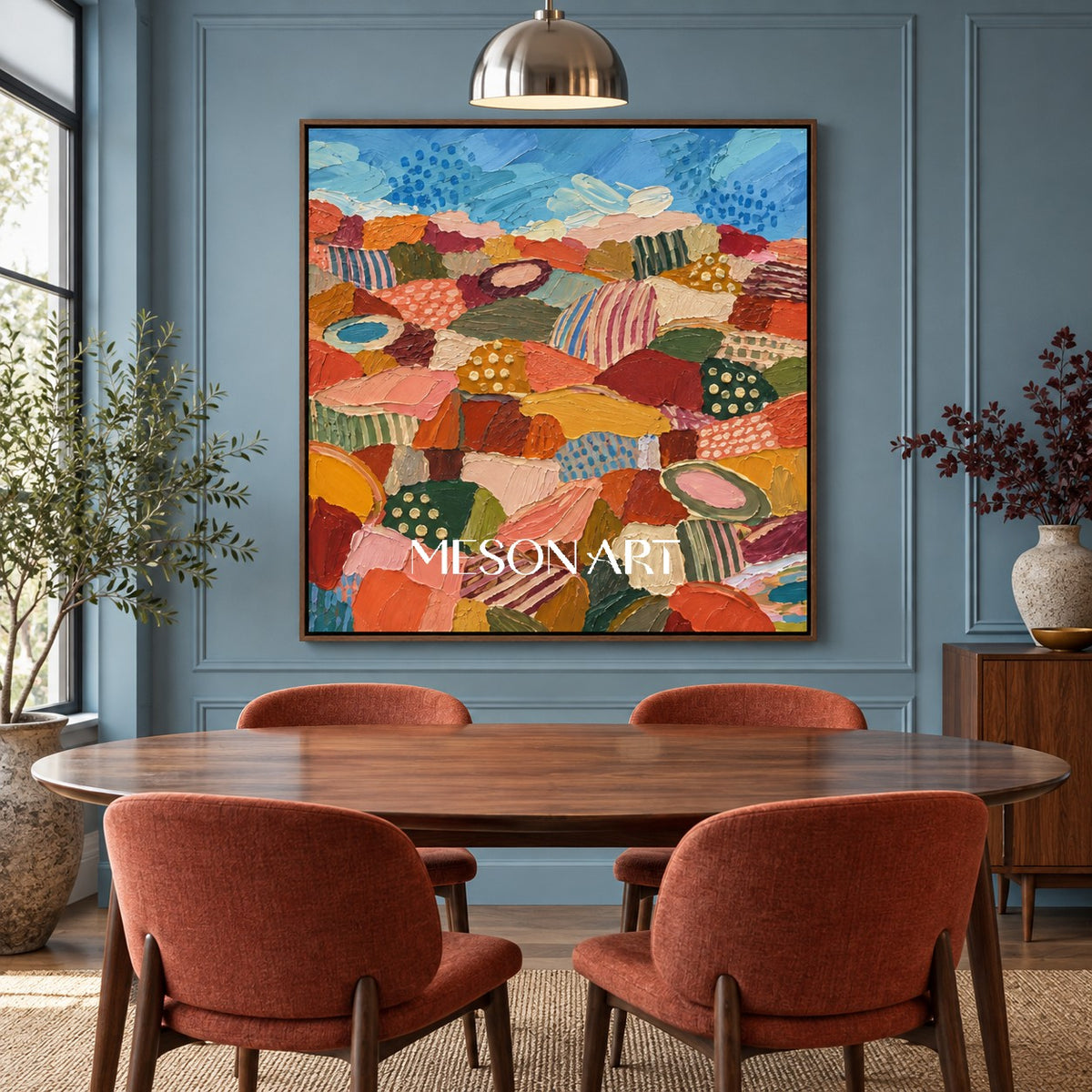 Blue And Orange Abstract Landscape Painting Original Hand Painted Square Wall Art For Living Room By Mesonart