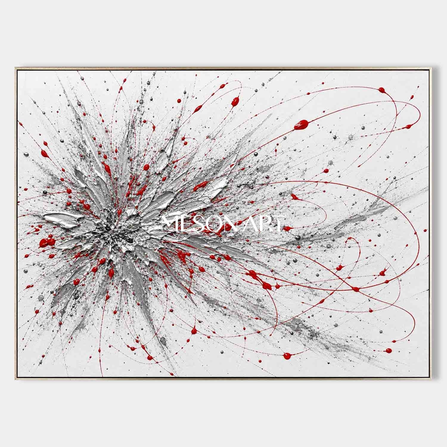 Red And Silver Abstract Painting For Modern Living Room Decor With Textured Relief