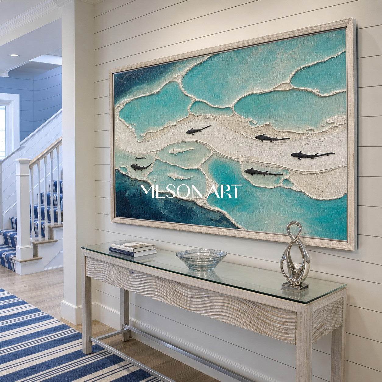 Textured Ocean Wall Art With Fish Silhouettes For Coastal Living Room Decor