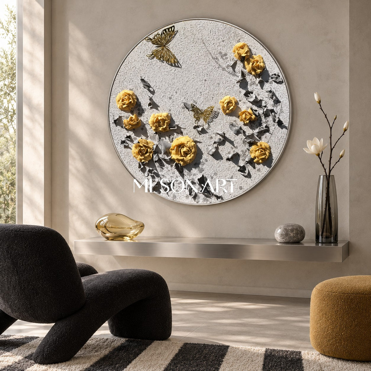 Yellow And Gray Botanical Impression Painting Circular Wall Art Original Hand Painted By Mesonart