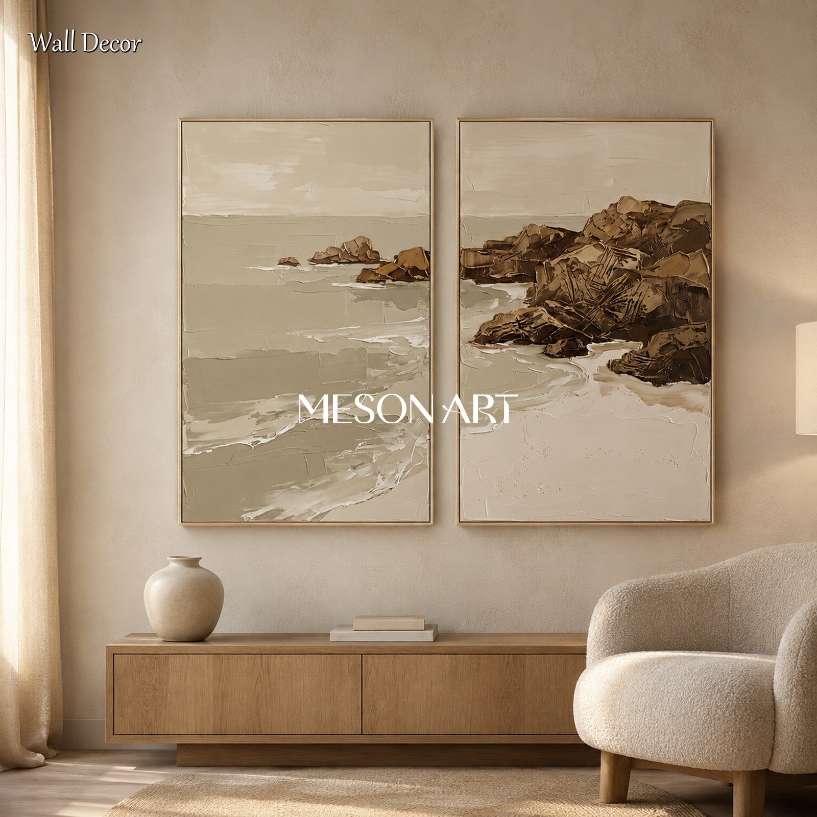 Beige And Brown Abstract Landscape Painting Rectangular Wall Art For Living Room Original Artist By Mesonart