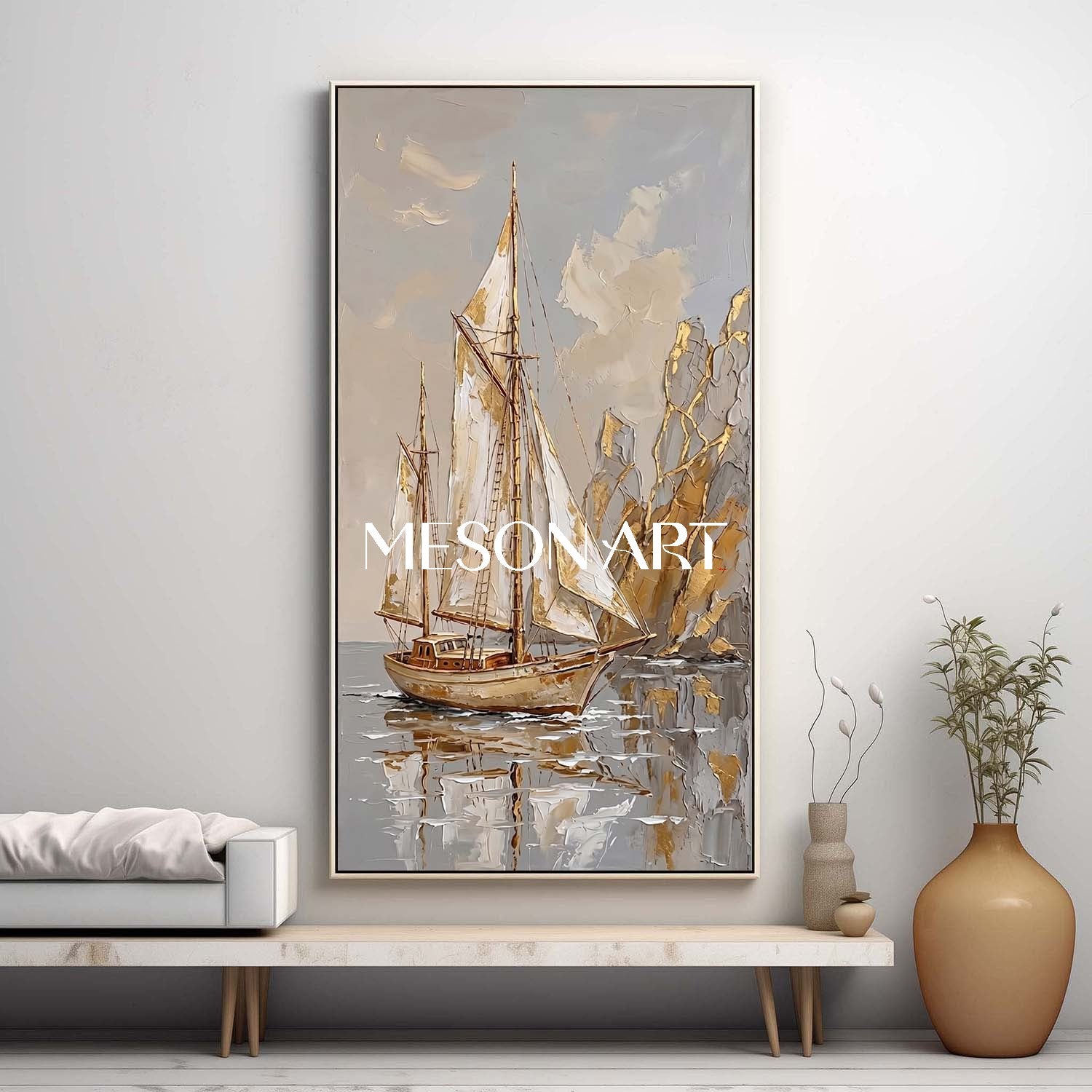 Art Deco Sailboat Painting With Gold Accents For Coastal Living Room Decor