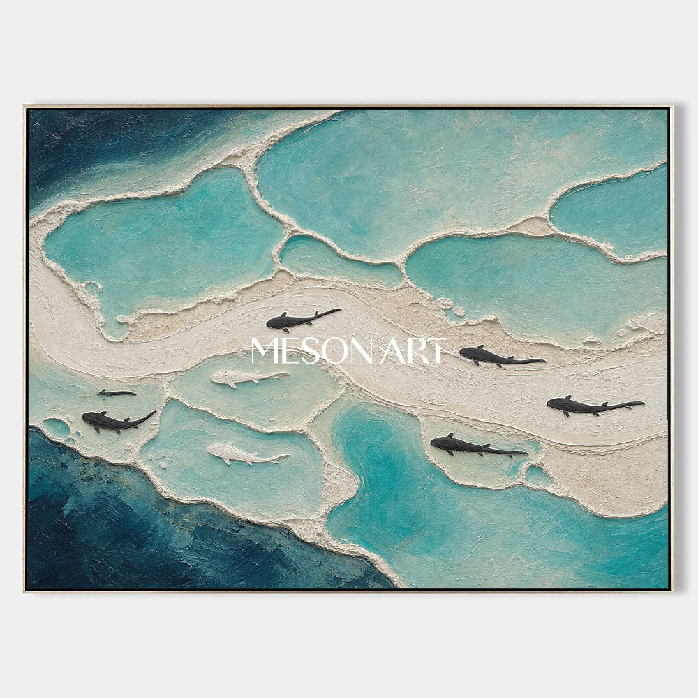 Textured Ocean Wall Art With Fish Silhouettes For Coastal Living Room Decor