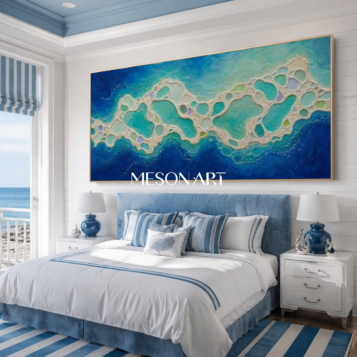 Large Blue Abstract Ocean Painting Textured Wall Art For Modern Living Room Decor