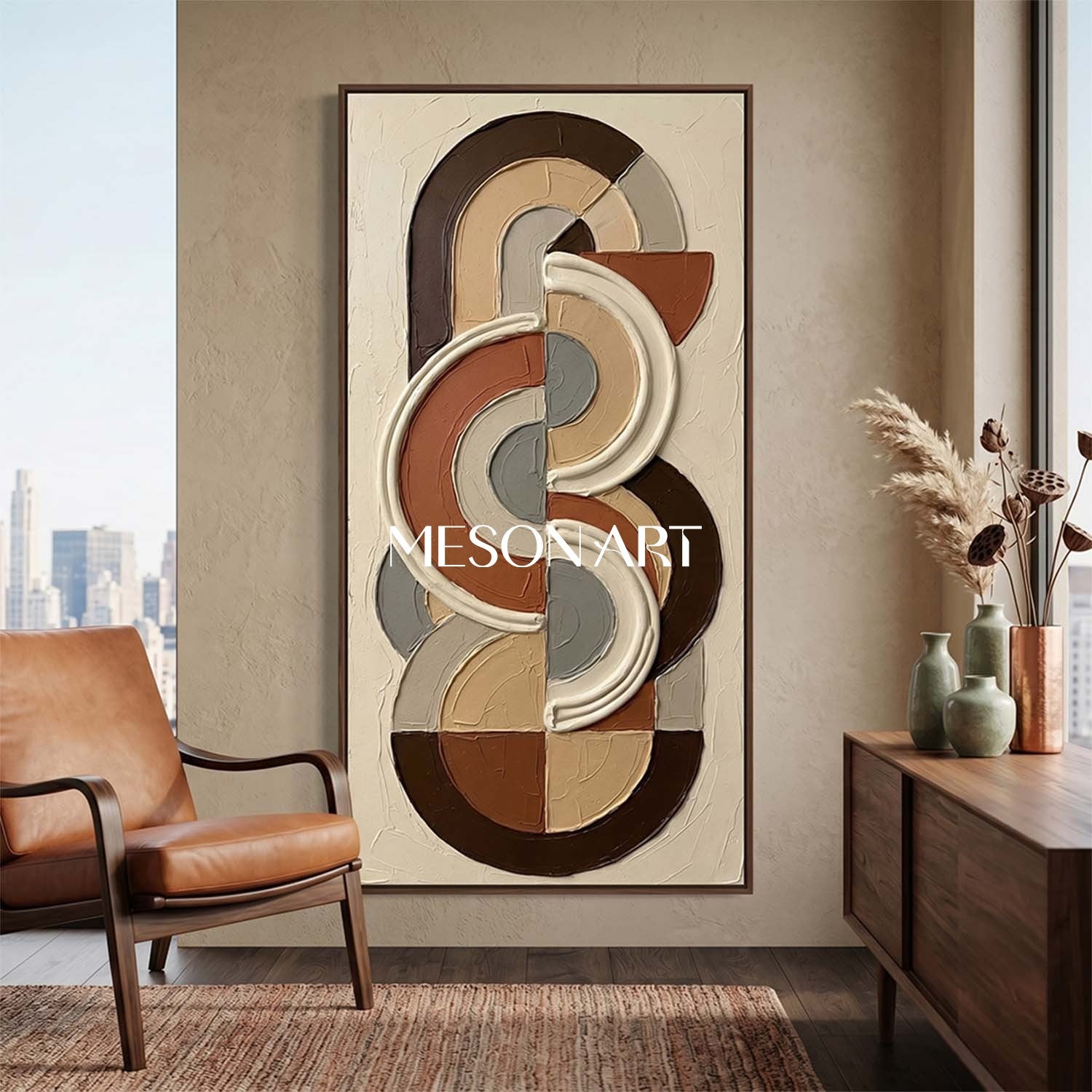 Bohemian Abstract Textured Plaster Wall Art in Terracotta for Living Room