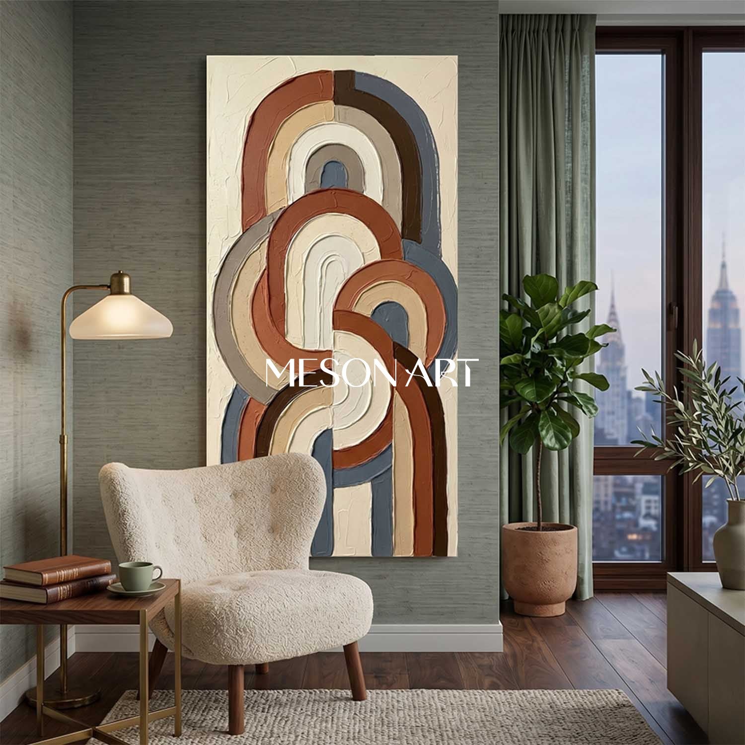 Bohemian Abstract Plaster Wall Art in Blue and Terracotta for Living Room