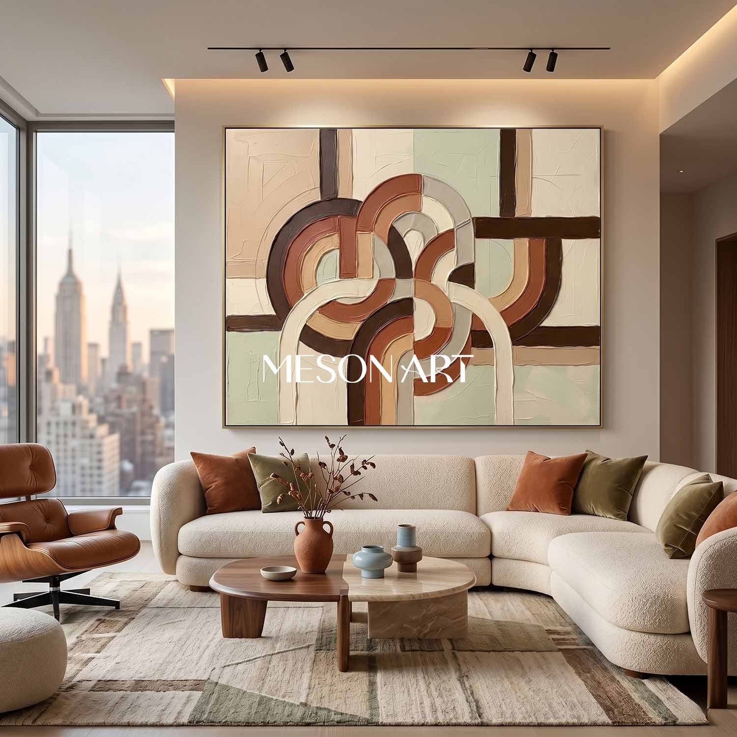 Horizontal Bohemian Abstract Plaster Wall Art in Earth Tones Sage Green