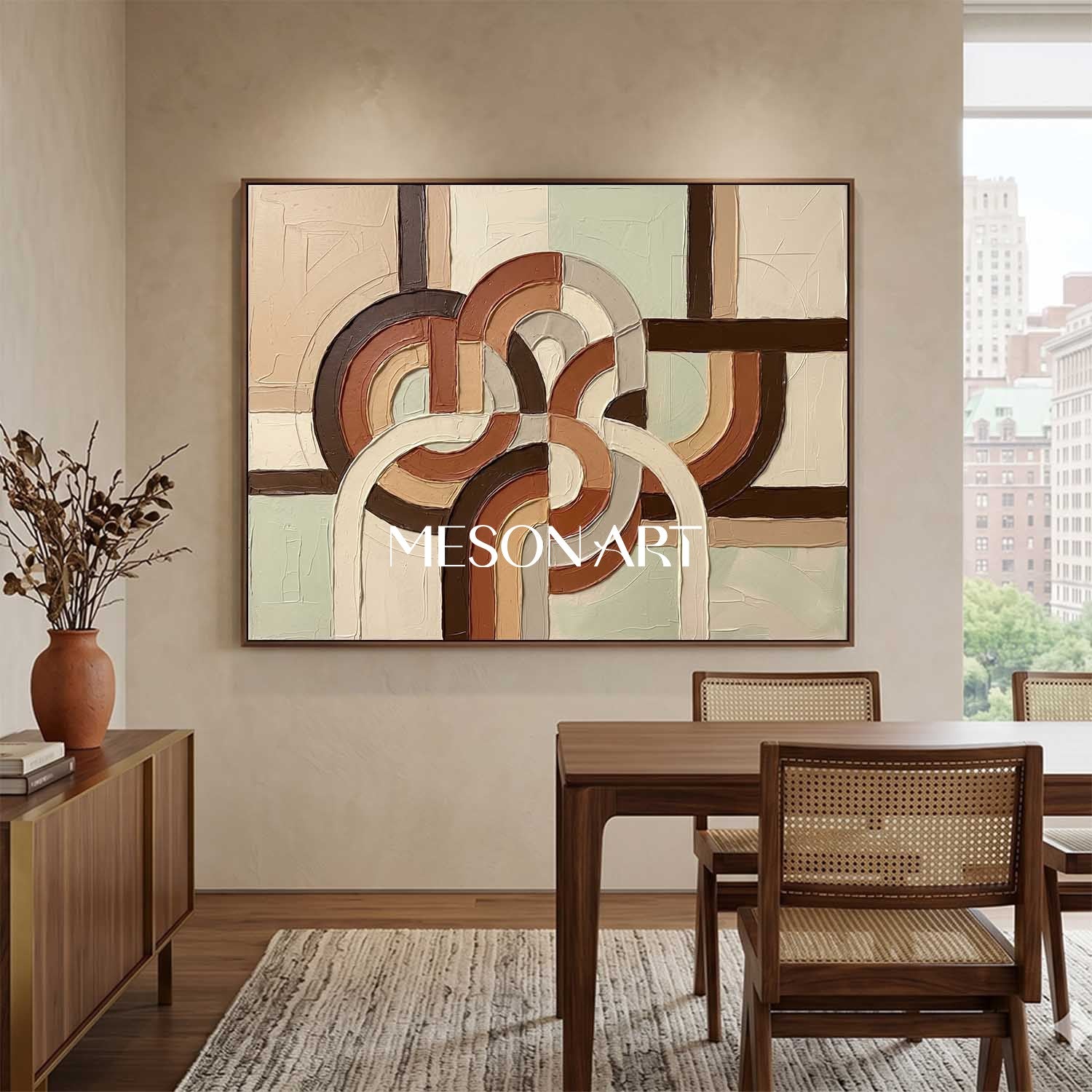 Horizontal Bohemian Abstract Plaster Wall Art in Earth Tones Sage Green