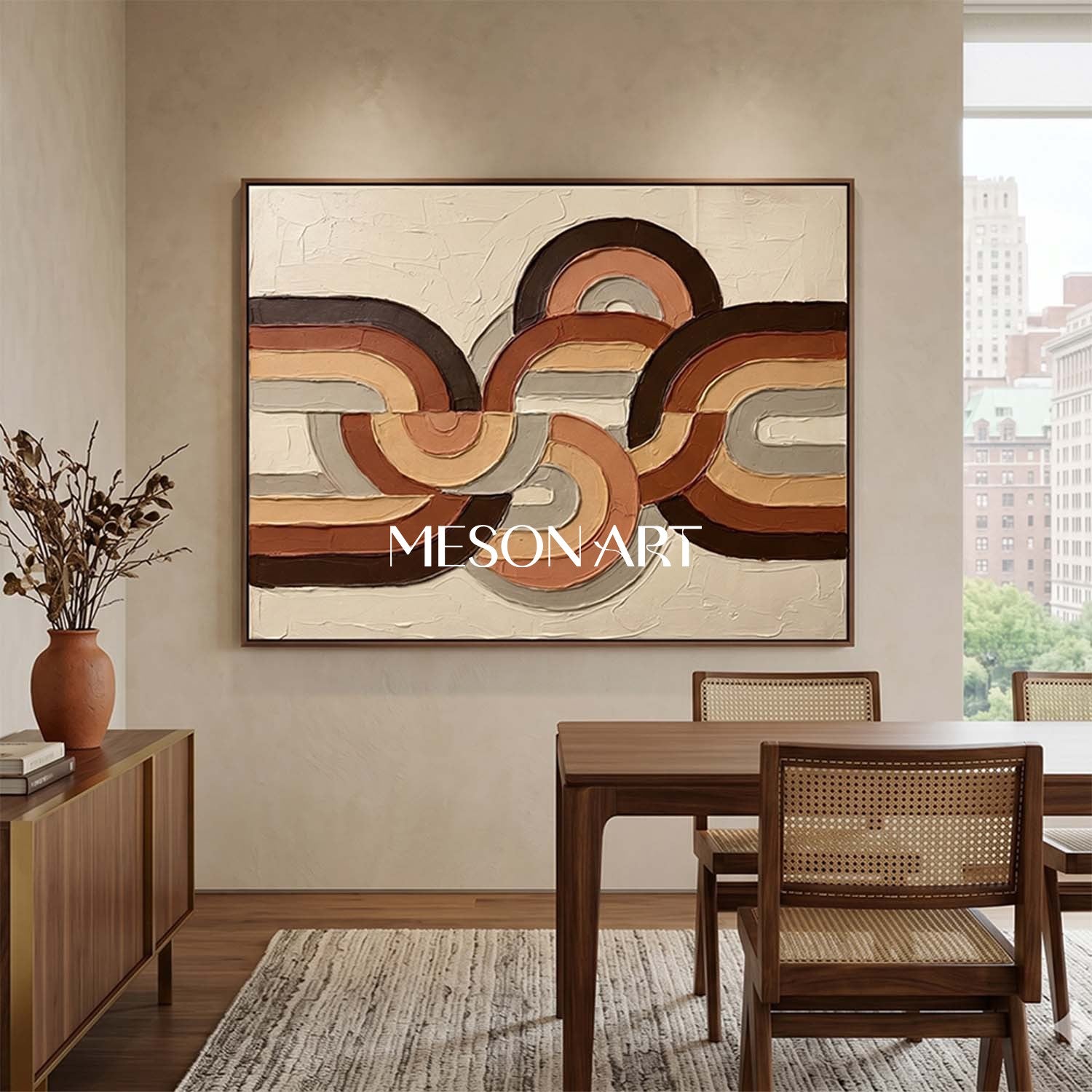 Horizontal Bohemian Abstract Plaster Wall Art in Earth Tones for Living Room