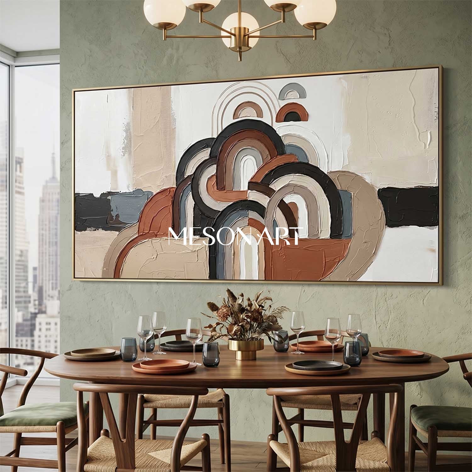 Panoramic Bohemian Abstract Plaster Wall Art in Earth Tones and Blue