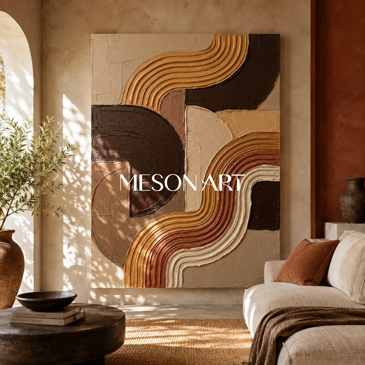 Bohemian Abstract Textured Plaster Arch Wall Art in Earth Tones