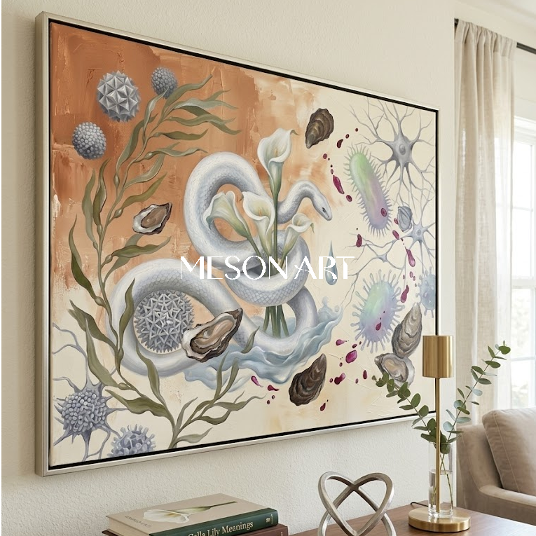 Original Bio Surrealist White Snake Oil Painting Luxury Villa Decor