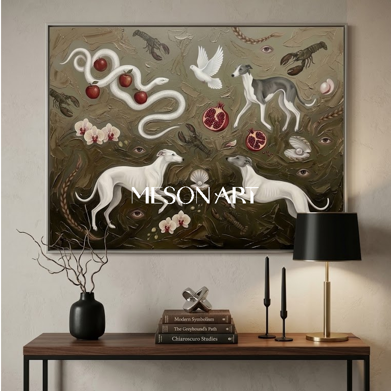 Original Surrealist Greyhound Painting Texture Wall Canvas Living Room